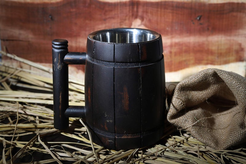 GoCraft Handmade Wooden Beer Mug with 18oz Stainless Steel Cup â€“ Vintage Barrel Brown Design, Unique Wooden Tankard for Men, Great Beer Gift Idea, Cool Bar Accessory, Rustic Drinkware for Home Bar